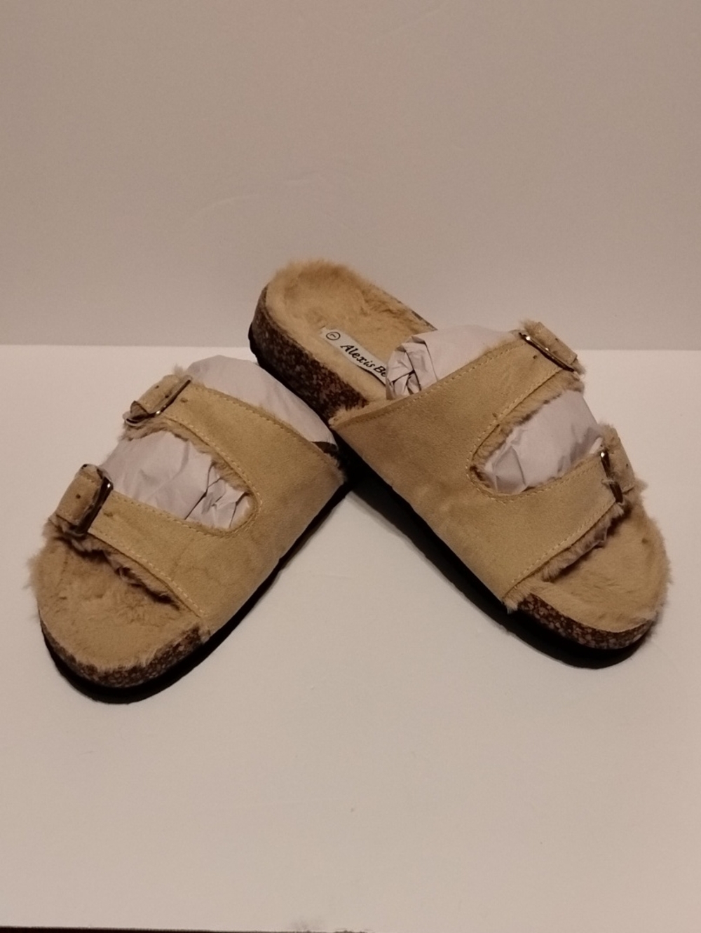 Z-030 Faux-Suede Double Buckle Slide Sandals - Beige